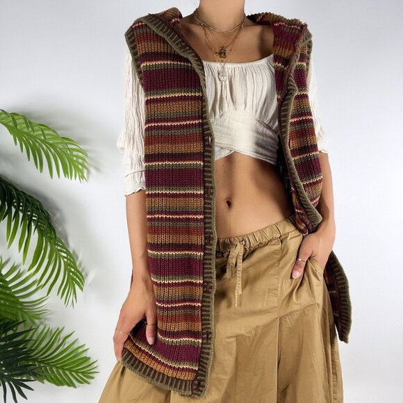 Vintage 90s Aeropostale Brown Striped Boho Granola Hooded Knit Grandpa Vest / L - Picture 5 of 8